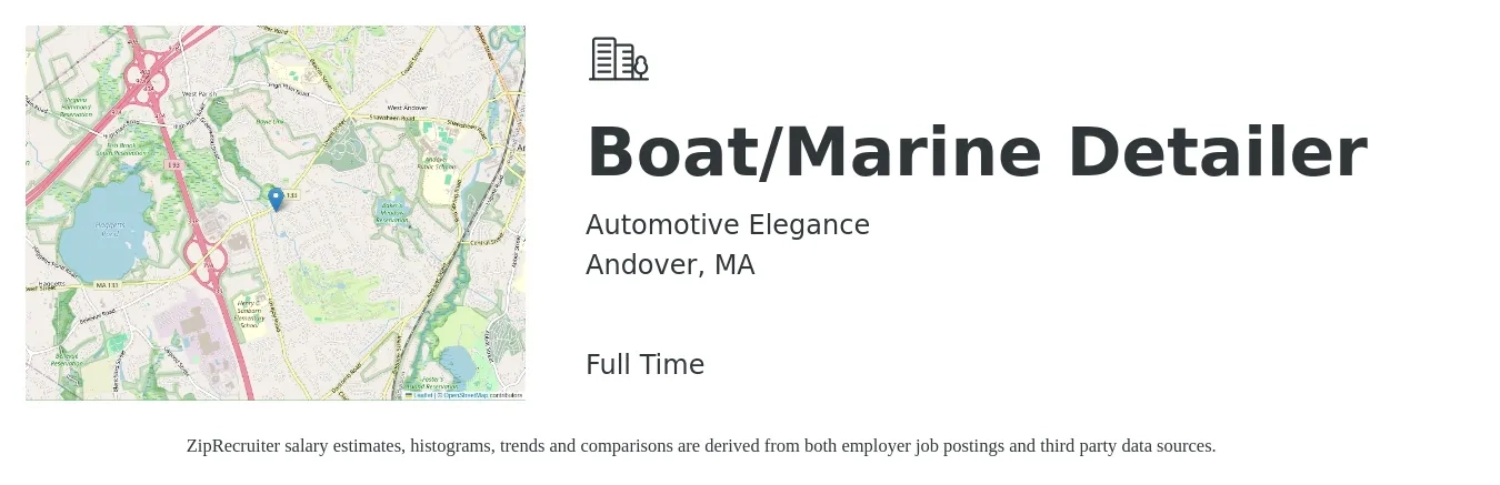 Automotive Elegance job posting for a Boat/Marine Detailer in Andover, MA with a salary of $16 to $26 Hourly with a map of Andover location.