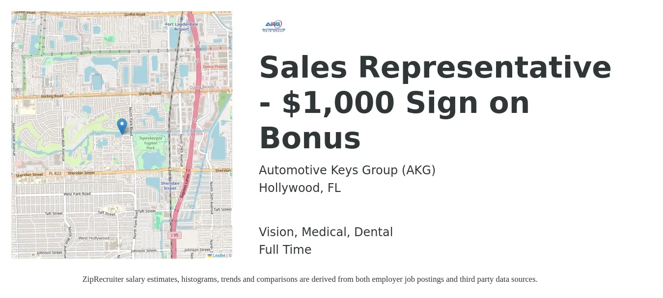 Automotive Keys Group job posting for a Sales Representative - $1,000 Sign on Bonus in Hollywood, FL with a salary of $49,100 to $85,300 Yearly and benefits including dental, life_insurance, medical, pto, retirement, and vision with a map of Hollywood location.