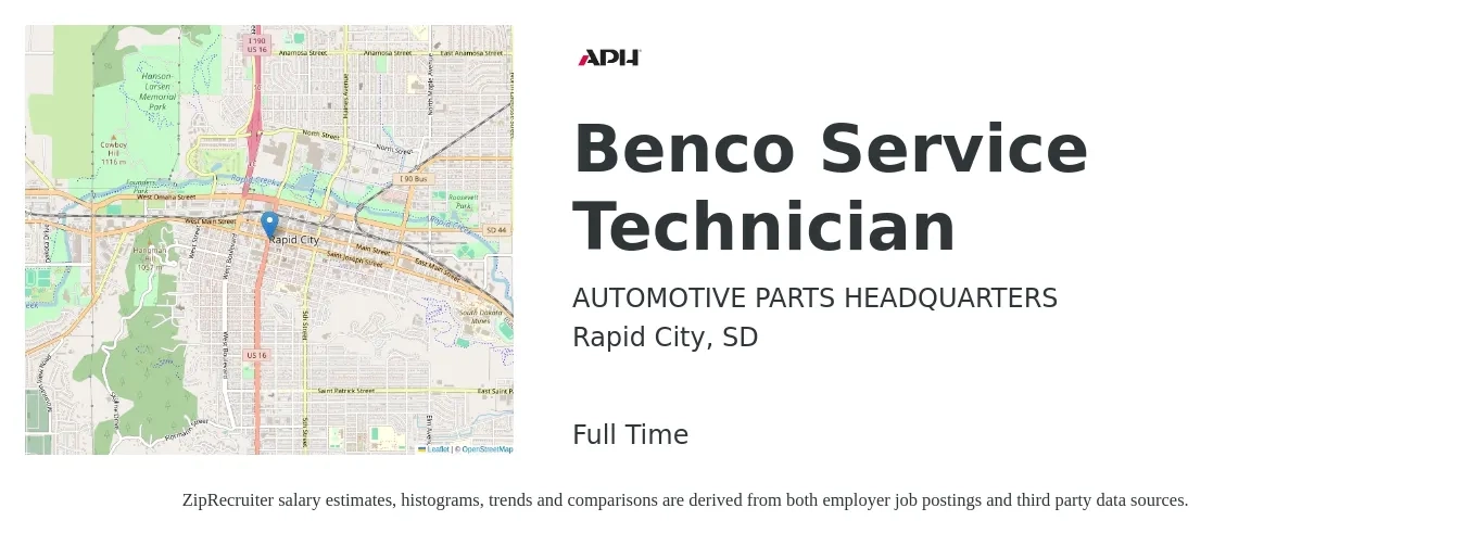 AUTOMOTIVE PARTS HEADQUARTERS job posting for a Benco Service Technician in Rapid City, SD with a salary of $17 to $23 Hourly with a map of Rapid City location.