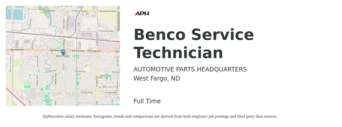 AUTOMOTIVE PARTS HEADQUARTERS job posting for a Benco Service Technician in West Fargo, ND with a salary of $20 to $27 Hourly with a map of West Fargo location.
