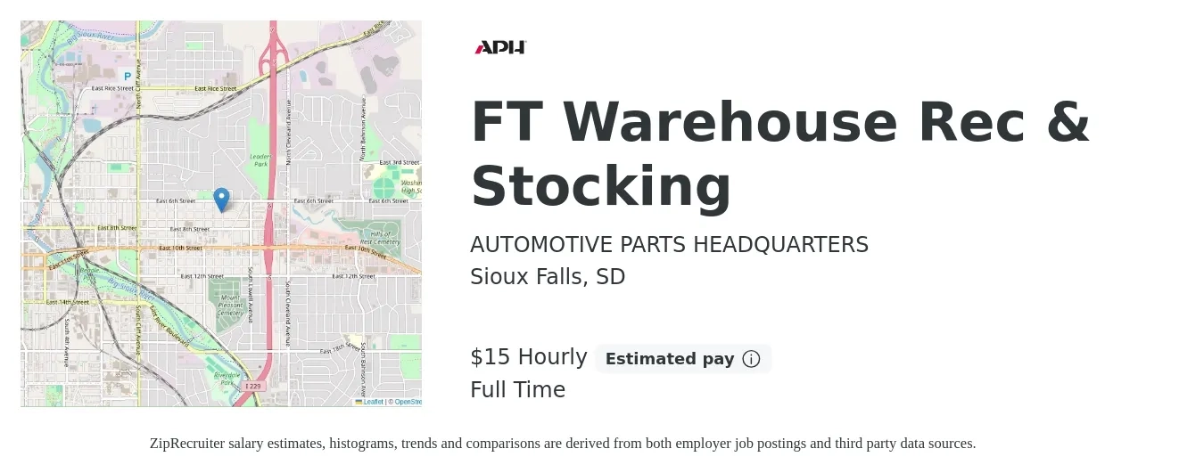 AUTOMOTIVE PARTS HEADQUARTERS job posting for a FT Warehouse Rec & Stocking in Sioux Falls, SD with a salary of $16 Hourly with a map of Sioux Falls location.