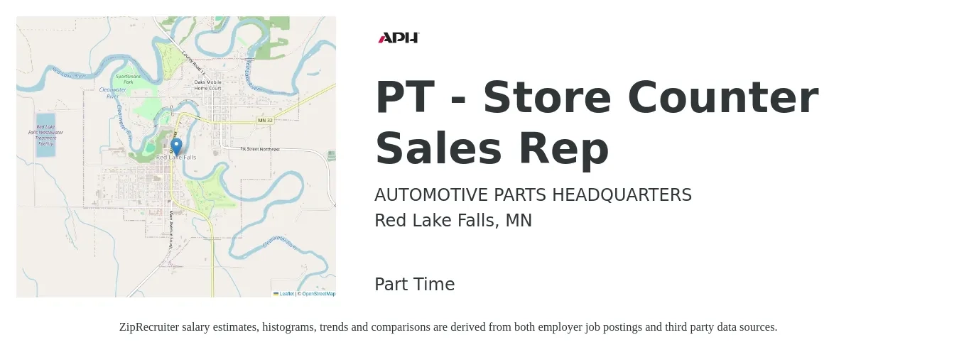 AUTOMOTIVE PARTS HEADQUARTERS job posting for a PT - Store Counter Sales Rep in Red Lake Falls, MN with a salary of $17 to $21 Hourly with a map of Red Lake Falls location.