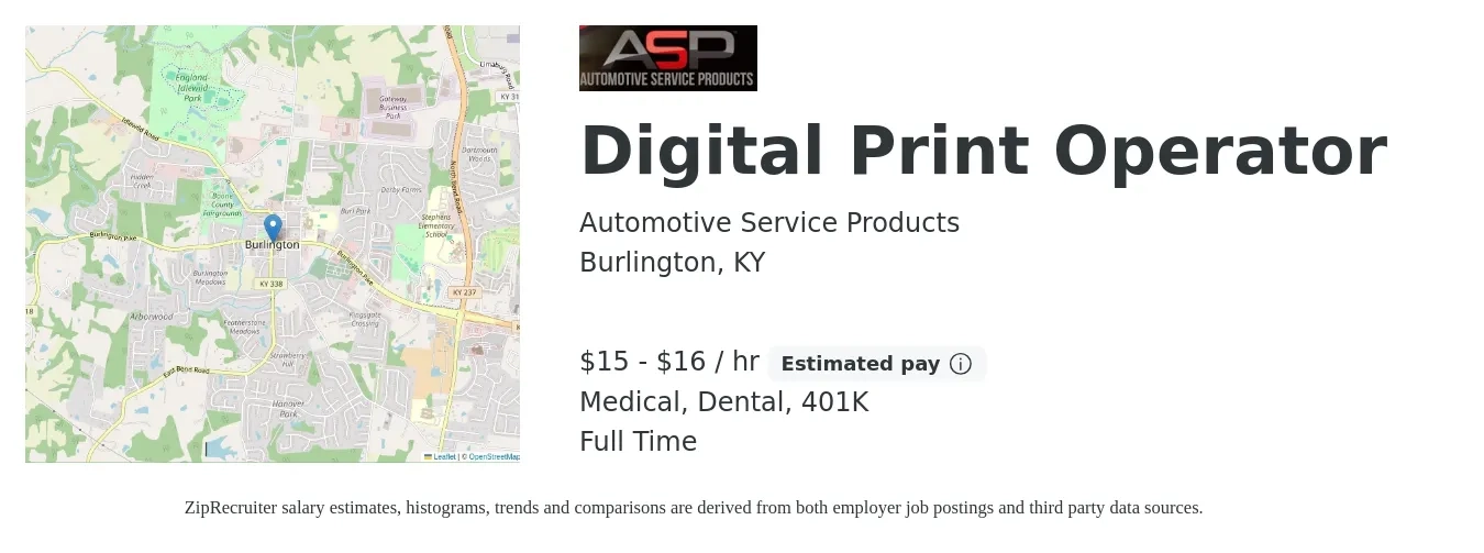 Automotive Service Products job posting for a Digital Print Operator in Burlington, KY with a salary of $16 to $17 Hourly and benefits including dental, life_insurance, medical, and 401k with a map of Burlington location.