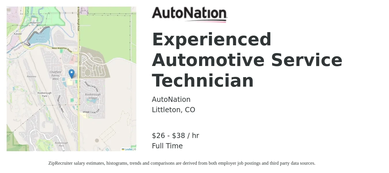 AutoNation job posting for a Experienced Automotive Service Technician in Littleton, CO with a salary of $28 to $40 Hourly with a map of Littleton location.