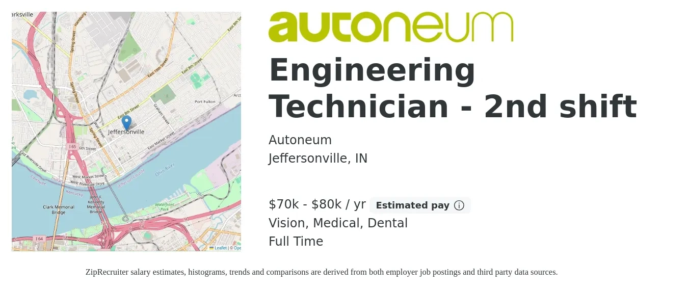 Autoneum job posting for a Engineering Technician - 2nd shift in Jeffersonville, IN with a salary of $70,000 to $80,000 Yearly and benefits including life_insurance, medical, pto, retirement, vision, and dental with a map of Jeffersonville location.