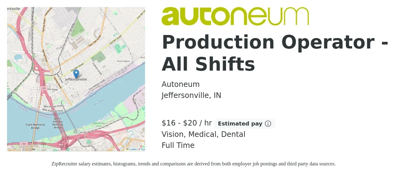 Autoneum job posting for a Production Operator - All Shifts in Jeffersonville, IN with a salary of $17 to $21 Hourly and benefits including dental, life_insurance, medical, pto, retirement, and vision with a map of Jeffersonville location.