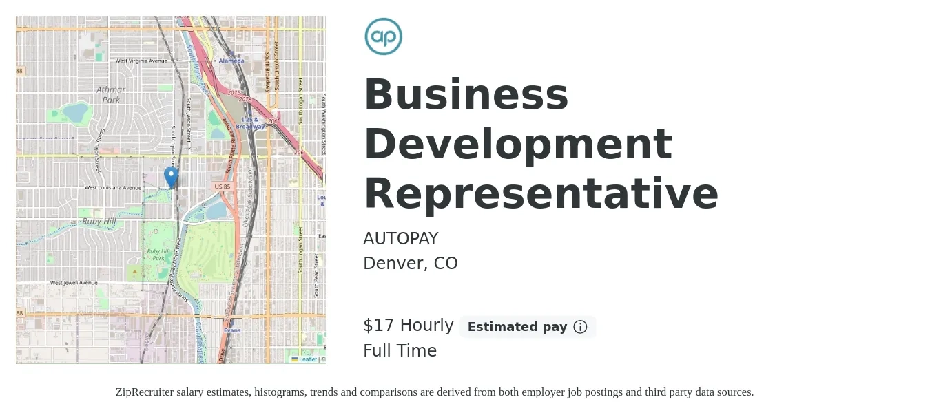 AUTOPAY job posting for a Business Development Representative in Denver, CO with a salary of $18 Hourly with a map of Denver location.