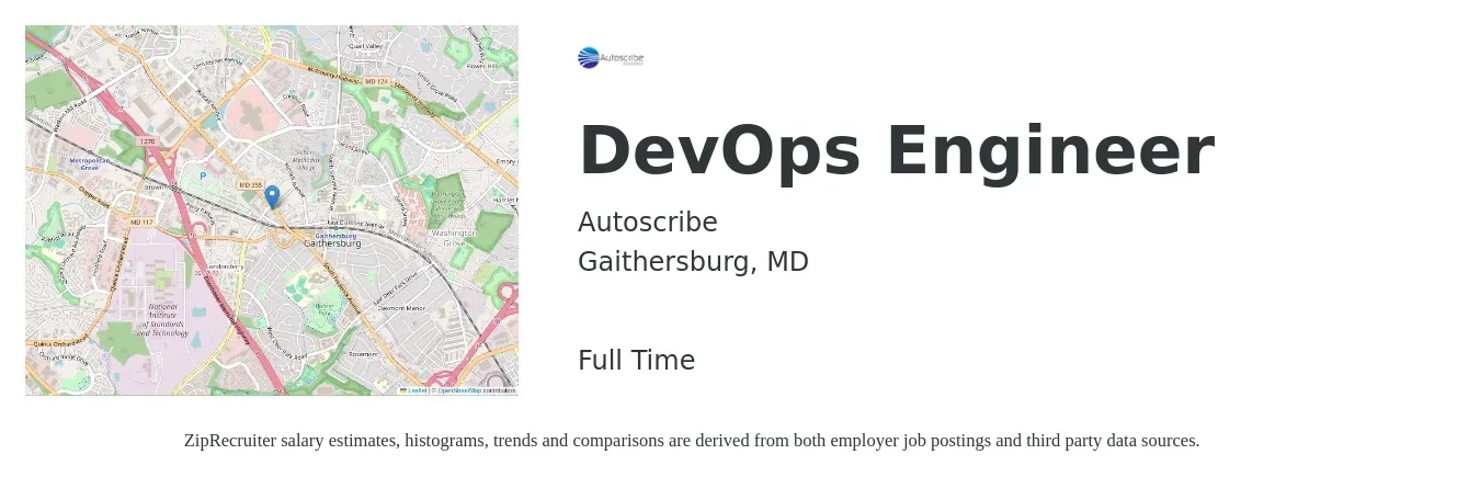 Autoscribe job posting for a DevOps Engineer in Gaithersburg, MD with a salary of $57 to $78 Hourly with a map of Gaithersburg location.