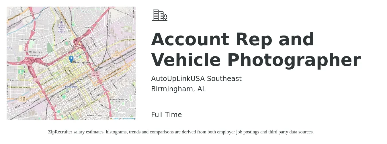 AutoUpLinkUSA Southeast job posting for a Account Rep and Vehicle Photographer in Birmingham, AL with a salary of $15 to $21 Hourly with a map of Birmingham location.