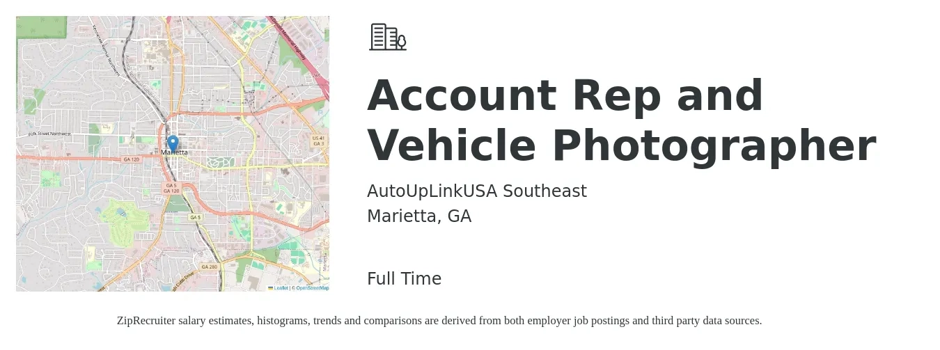 AutoUpLinkUSA Southeast job posting for a Account Rep and Vehicle Photographer in Marietta, GA with a salary of $15 to $21 Hourly with a map of Marietta location.