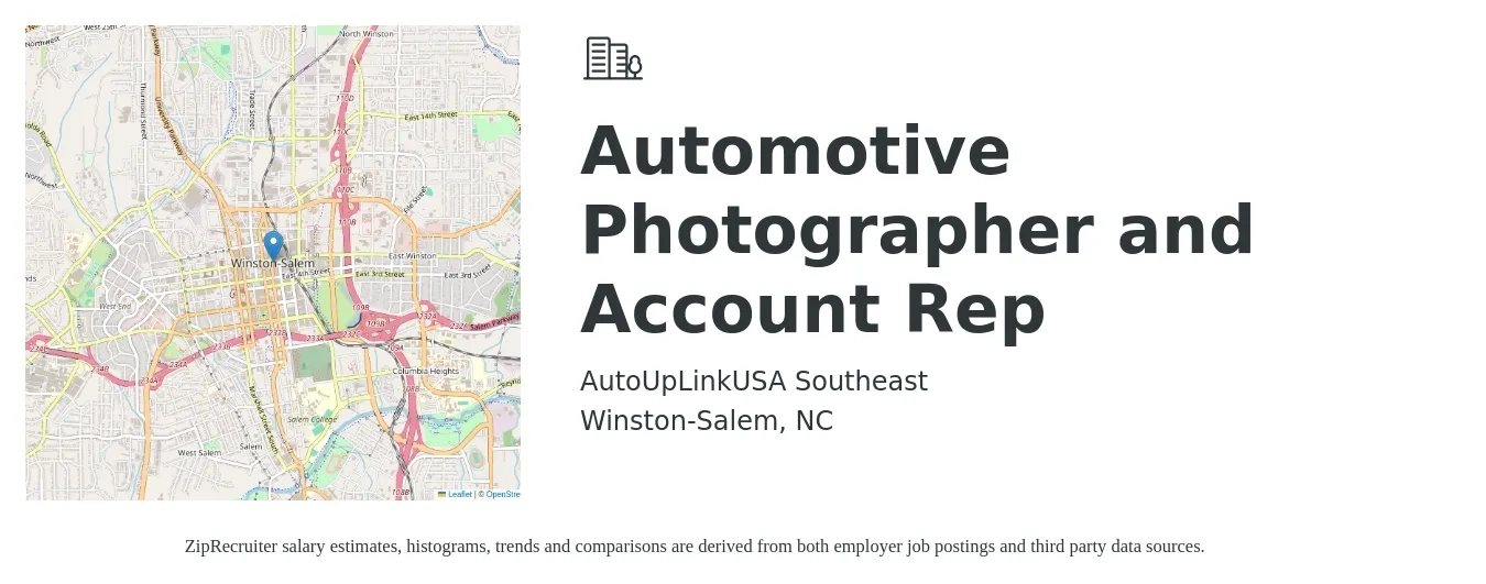 AutoUpLinkUSA Southeast job posting for a Automotive Photographer and Account Rep in Winston-Salem, NC with a salary of $15 to $21 Hourly with a map of Winston-Salem location.