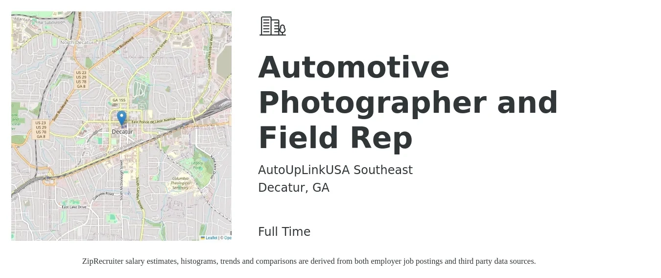 AutoUpLinkUSA Southeast job posting for a Automotive Photographer and Field Rep in Decatur, GA with a salary of $100 Daily with a map of Decatur location.