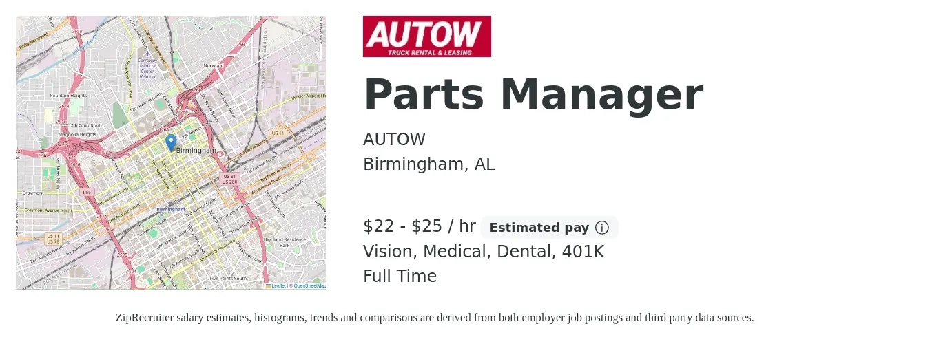 AUTOW job posting for a Parts Manager in Birmingham, AL with a salary of $23 to $26 Hourly and benefits including 401k, dental, life_insurance, medical, and vision with a map of Birmingham location.