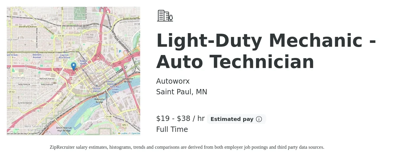 Autoworx job posting for a Light-Duty Mechanic - Auto Technician in Saint Paul, MN with a salary of $20 to $40 Hourly with a map of Saint Paul location.