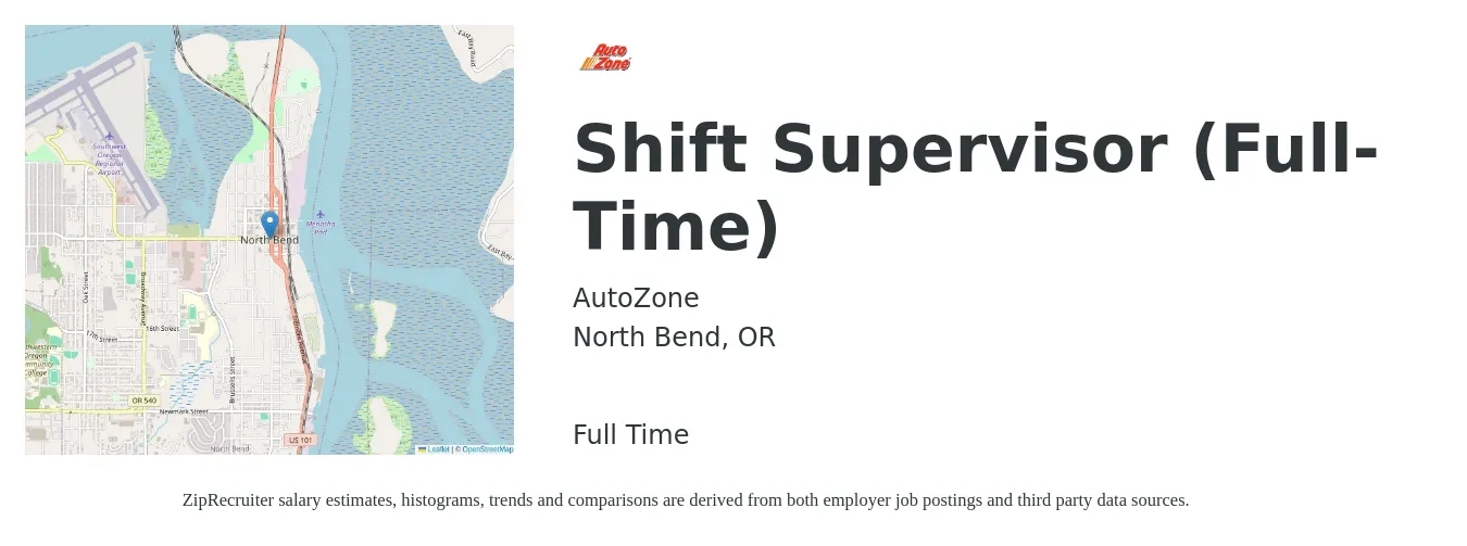 AutoZone job posting for a Shift Supervisor (Full-Time) in North Bend, OR with a salary of $14 to $18 Hourly with a map of North Bend location.