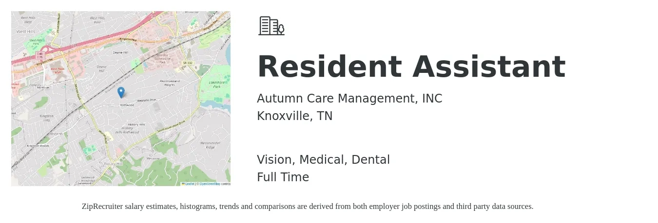 Autumn Care Management, INC job posting for a Resident Assistant in Knoxville, TN with a salary of $14 to $18 Hourly and benefits including pto, retirement, vision, dental, life_insurance, and medical with a map of Knoxville location.