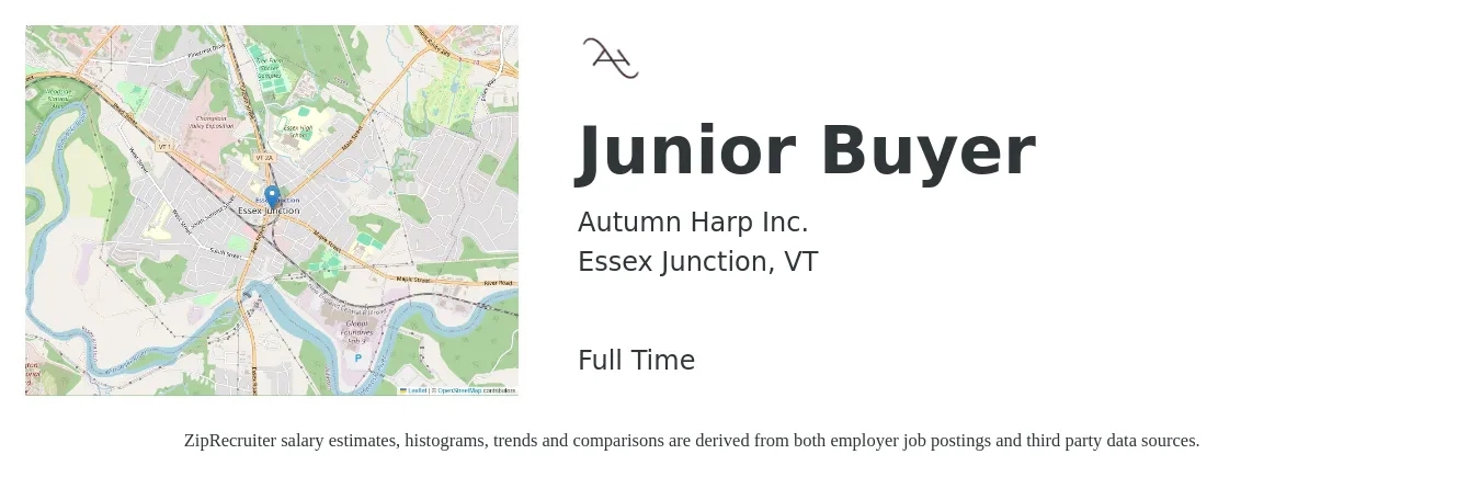 Autumn Harp Inc. job posting for a Junior Buyer in Essex Junction, VT with a salary of $22 to $29 Hourly with a map of Essex Junction location.