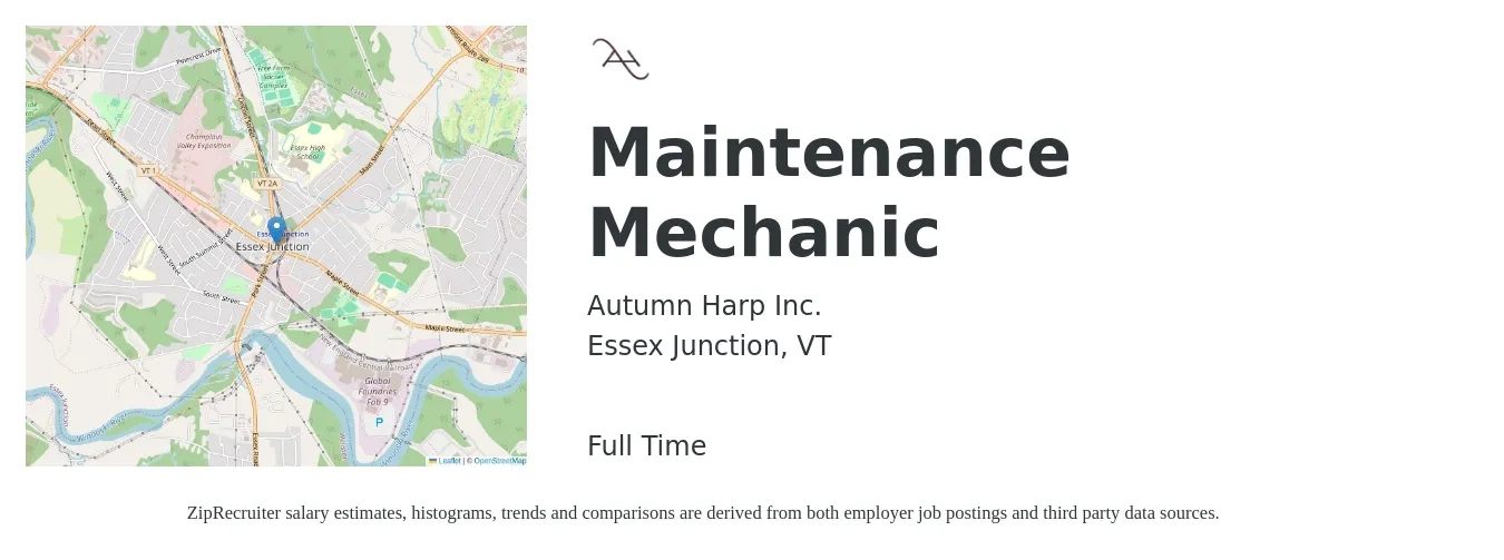 Autumn Harp Inc. job posting for a Maintenance Mechanic in Essex Junction, VT with a salary of $26 to $32 Hourly with a map of Essex Junction location.
