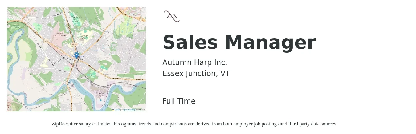Autumn Harp Inc. job posting for a Sales Manager in Essex Junction, VT with a salary of $45,700 to $98,000 Yearly with a map of Essex Junction location.
