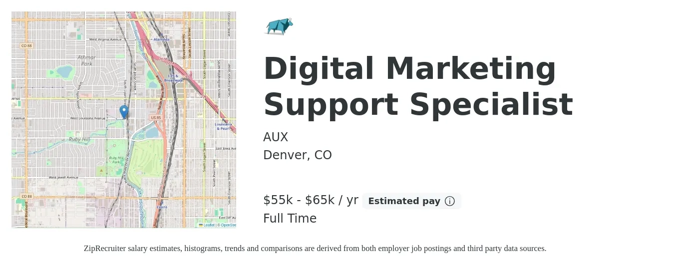 AUX job posting for a Digital Marketing Support Specialist in Denver, CO with a salary of $55,000 to $65,000 Yearly with a map of Denver location.