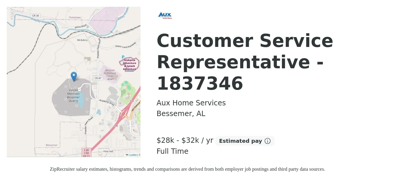 Aux Home Services job posting for a Customer Service Representative - 1837346 in Bessemer, AL with a salary of $28,000 to $32,000 Yearly with a map of Bessemer location.