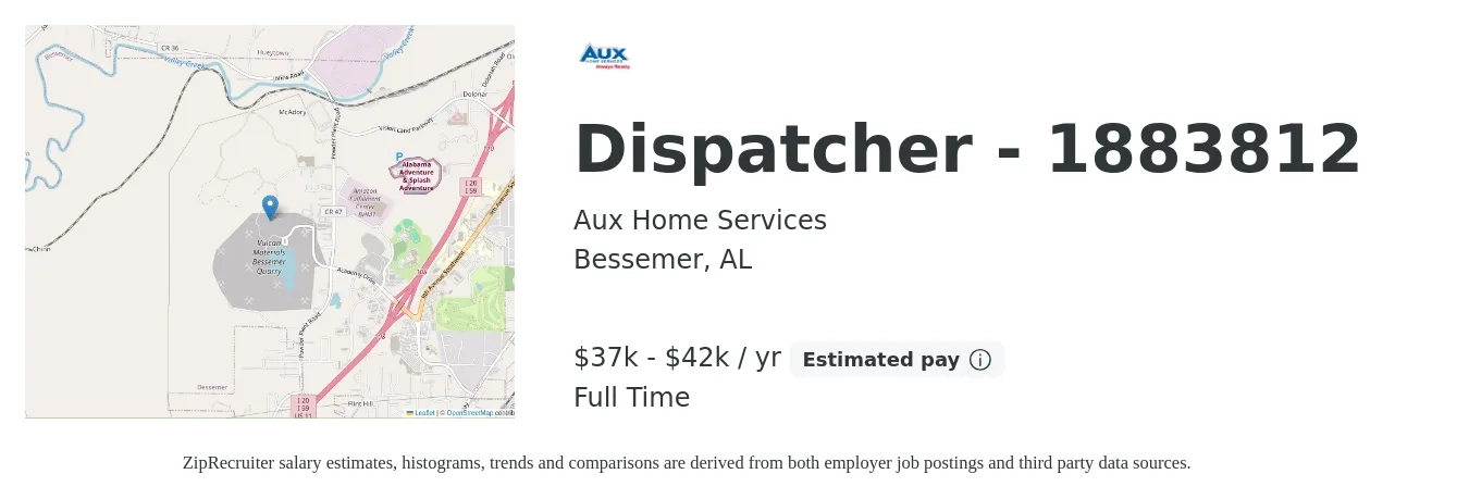 Aux Home Services job posting for a Dispatcher - 1883812 in Bessemer, AL with a salary of $37,500 to $42,000 Yearly with a map of Bessemer location.