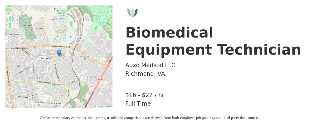 Auxo Medical LLC job posting for a Biomedical Equipment Technician in Richmond, VA with a salary of $17 to $23 Hourly with a map of Richmond location.