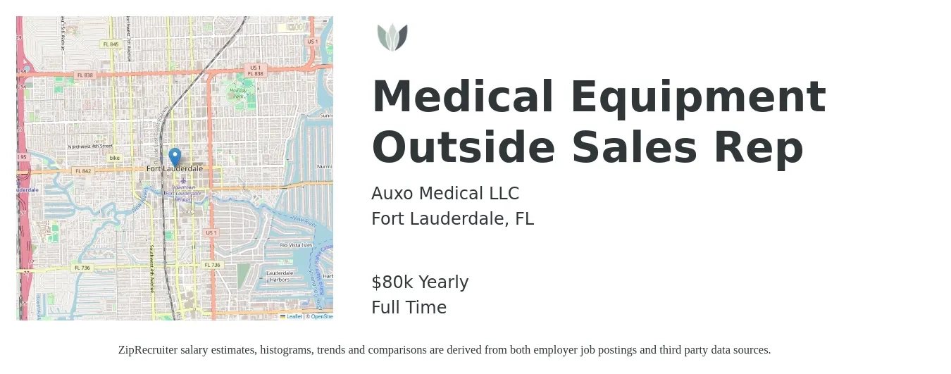 Auxo Medical LLC job posting for a Medical Equipment Outside Sales Rep in Fort Lauderdale, FL with a salary of $80,000 Yearly with a map of Fort Lauderdale location.