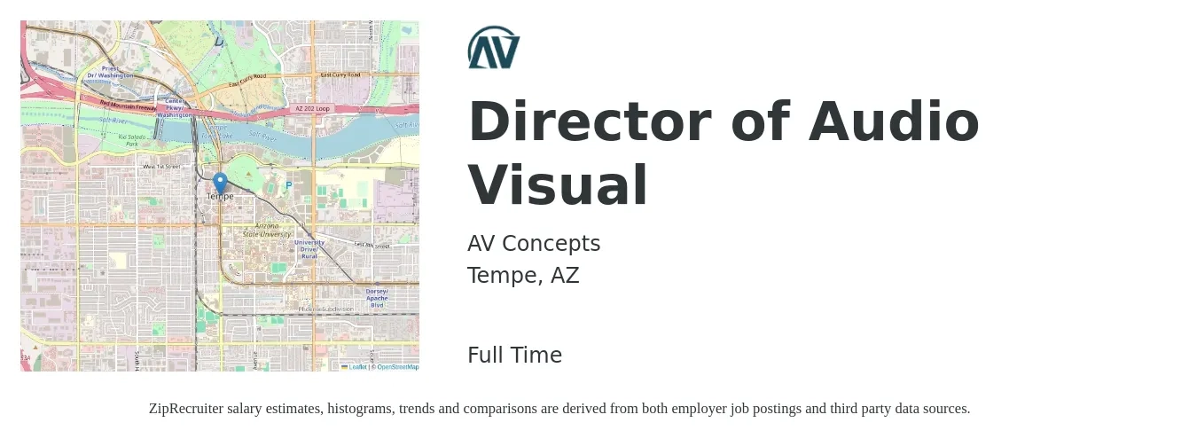 AV Concepts job posting for a Director of Audio Visual in Tempe, AZ with a salary of $73,400 to $131,800 Yearly with a map of Tempe location.
