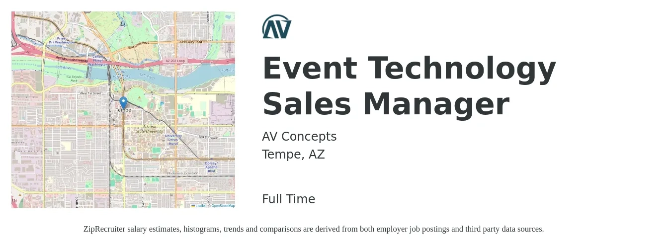 AV Concepts job posting for a Event Technology Sales Manager in Tempe, AZ with a salary of $51,000 to $72,900 Yearly with a map of Tempe location.