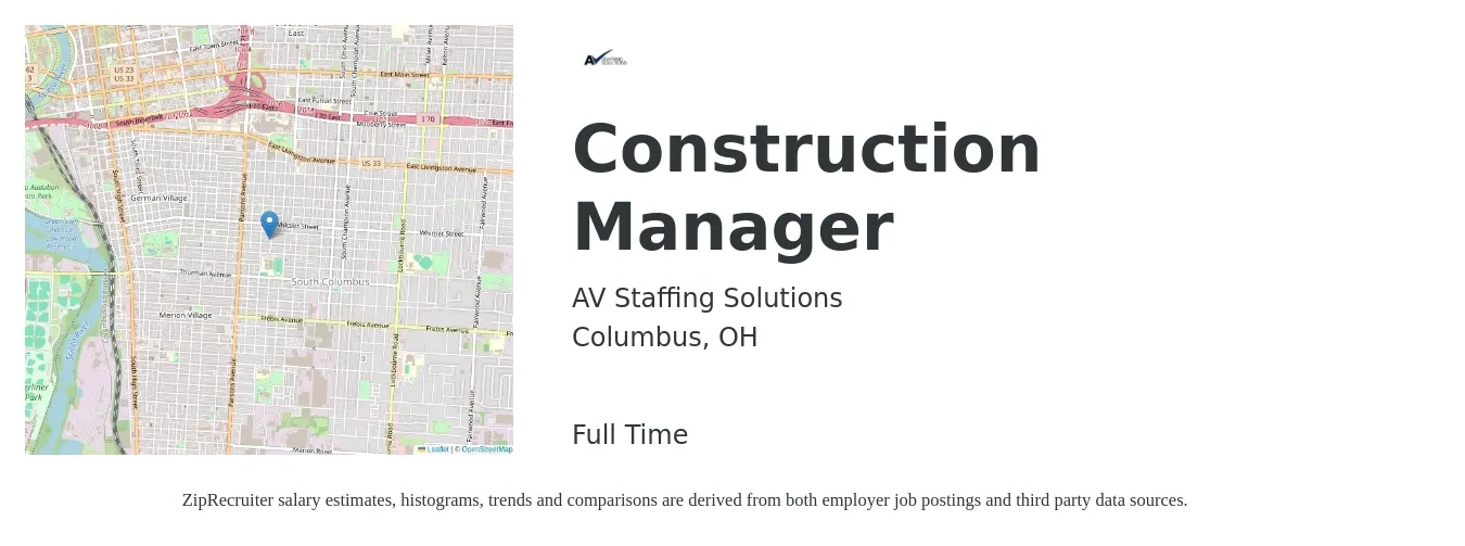 AV Staffing Solutions job posting for a Construction Manager in Columbus, OH with a salary of $68,600 to $111,600 Yearly with a map of Columbus location.
