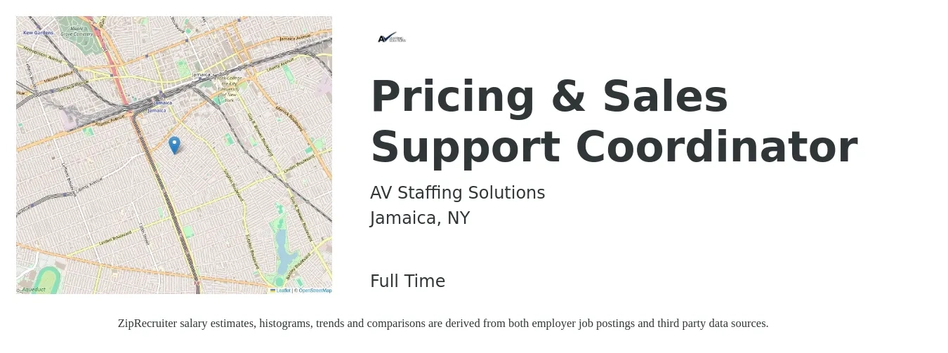AV Staffing Solutions job posting for a Pricing & Sales Support Coordinator in Jamaica, NY with a salary of $22 to $29 Hourly with a map of Jamaica location.