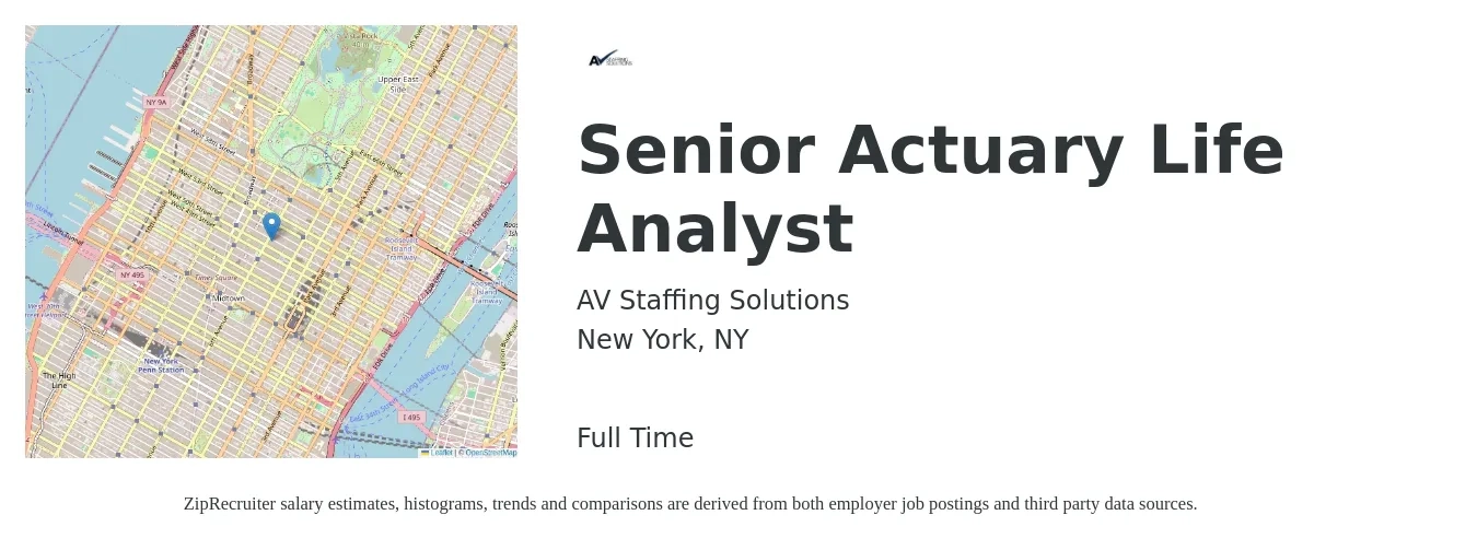 AV Staffing Solutions job posting for a Senior Actuary Life Analyst in New York, NY with a salary of $3,400 Weekly with a map of New York location.