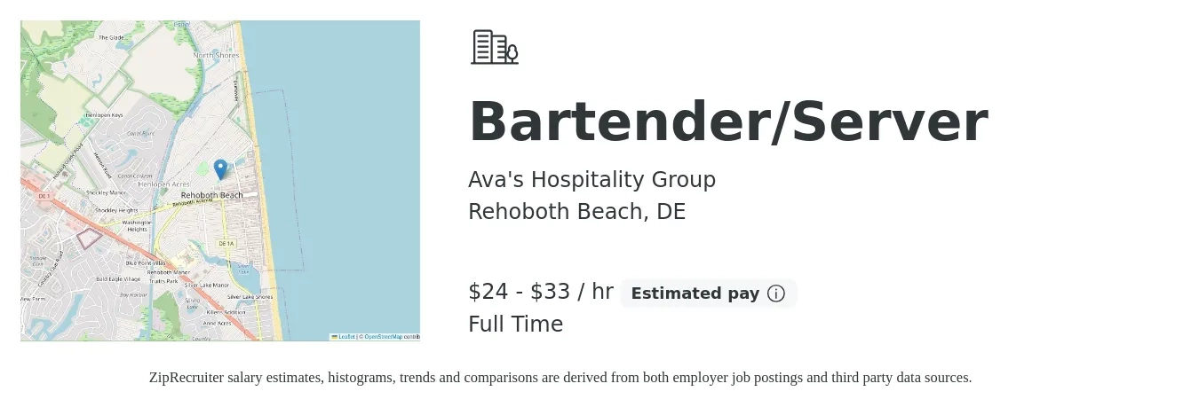 Ava's Hospitality Group job posting for a Bartender/Server in Rehoboth Beach, DE with a salary of $25 to $35 Hourly with a map of Rehoboth Beach location.