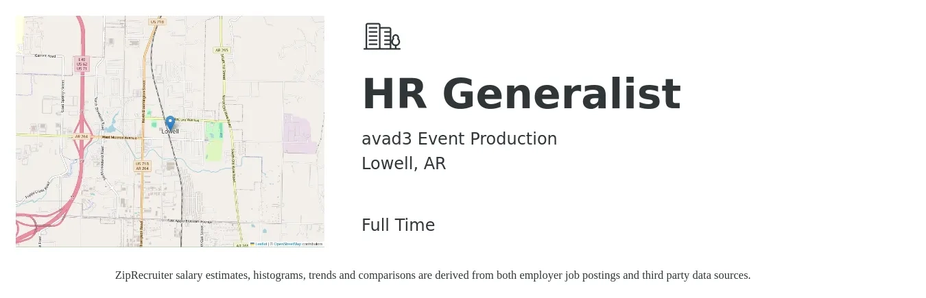 avad3 Event Production job posting for a HR Generalist in Lowell, AR with a salary of $45,800 to $65,200 Yearly with a map of Lowell location.