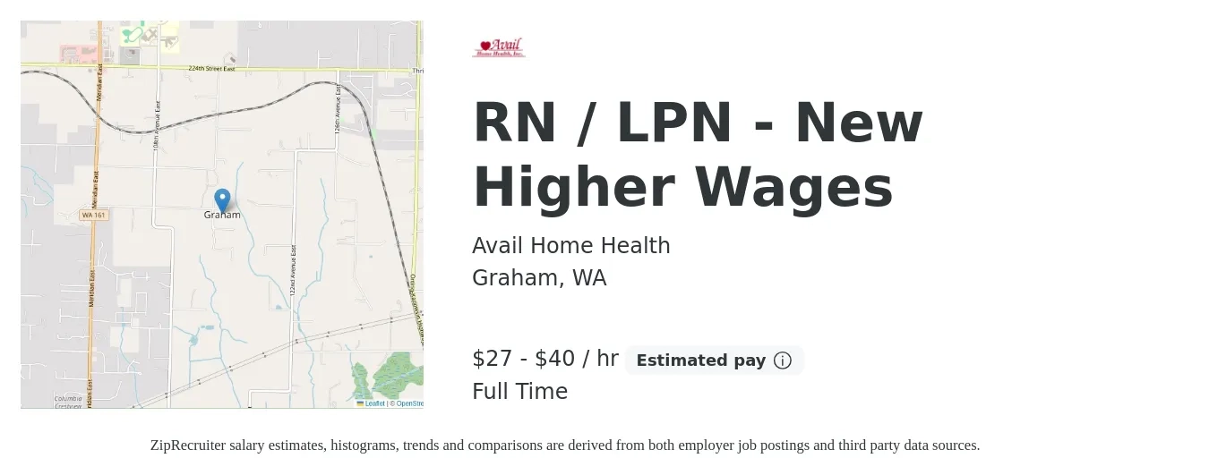 Avail Home Health job posting for a RN / LPN - New Higher Wages in Graham, WA with a salary of $29 to $42 Hourly with a map of Graham location.
