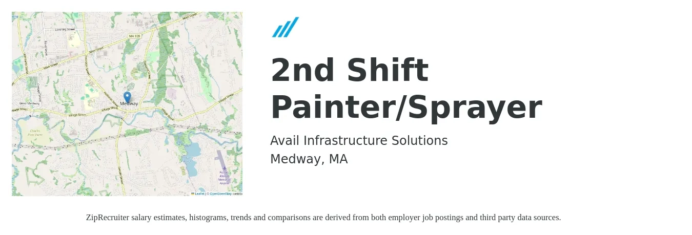 Avail Infrastructure Solutions job posting for a 2nd Shift Painter/Sprayer in Medway, MA with a salary of $18 to $25 Hourly with a map of Medway location.