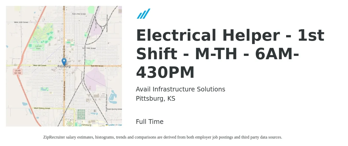 Avail Infrastructure Solutions job posting for a Electrical Helper - 1st Shift - M-TH - 6AM-430PM in Pittsburg, KS with a salary of $13 to $17 Hourly with a map of Pittsburg location.