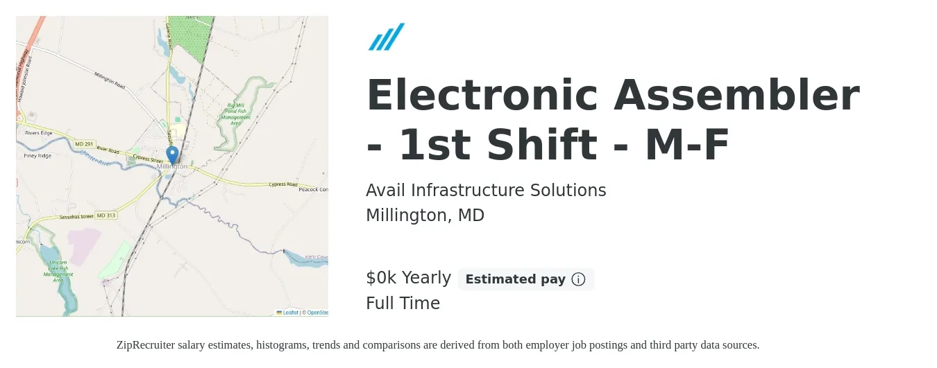 Avail Infrastructure Solutions job posting for a Electronic Assembler - 1st Shift - M-F in Millington, MD with a salary of $15 to $18 Yearly with a map of Millington location.