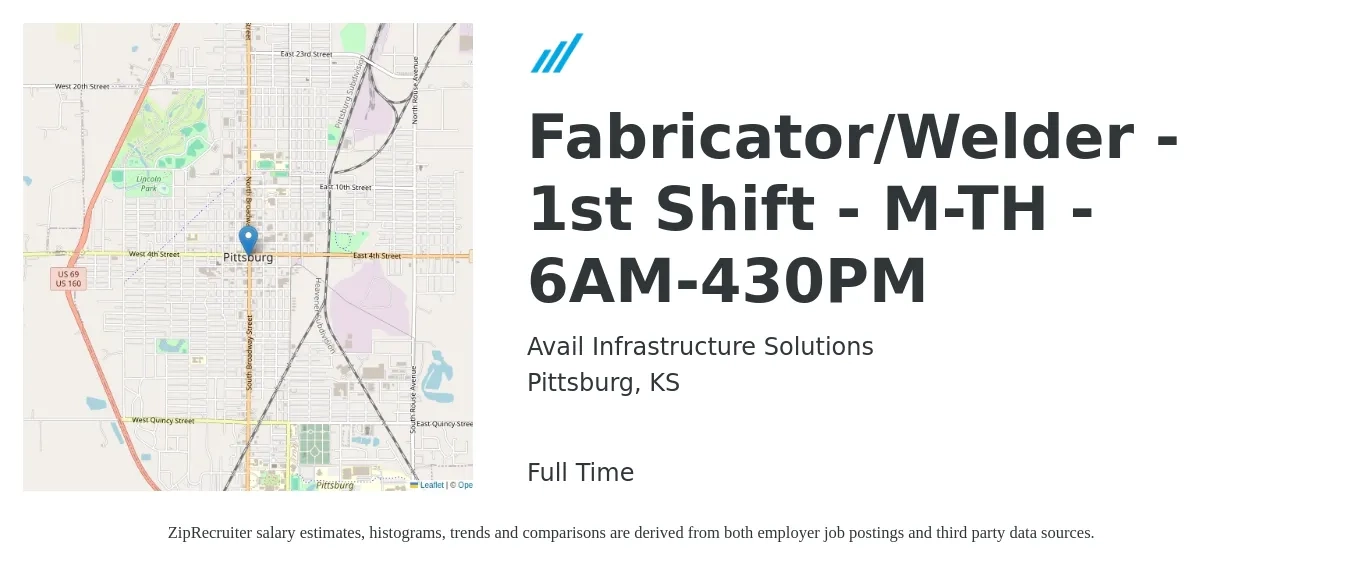 Avail Infrastructure Solutions job posting for a Fabricator/Welder - 1st Shift - M-TH - 6AM-430PM in Pittsburg, KS with a salary of $15 to $20 Hourly with a map of Pittsburg location.