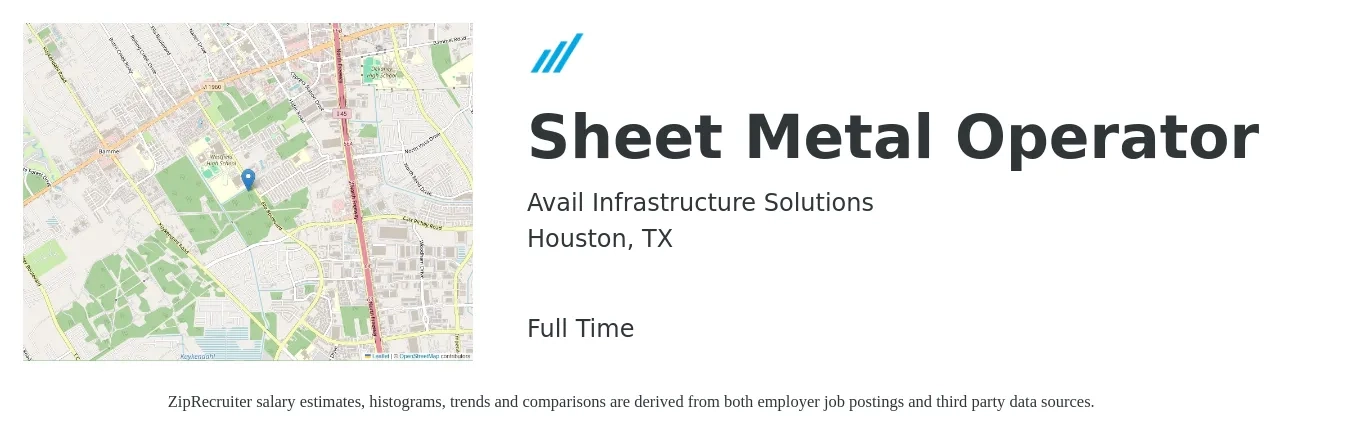 Avail Infrastructure Solutions job posting for a Sheet Metal Operator in Houston, TX with a salary of $17 to $21 Hourly with a map of Houston location.
