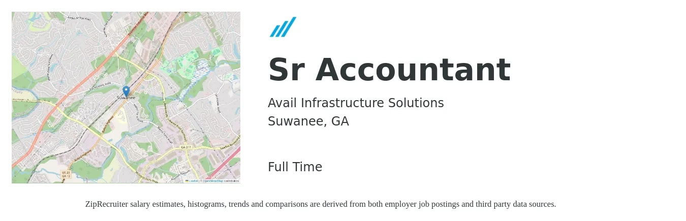 Avail Infrastructure Solutions job posting for a Sr Accountant in Suwanee, GA with a salary of $68,900 to $86,600 Yearly with a map of Suwanee location.
