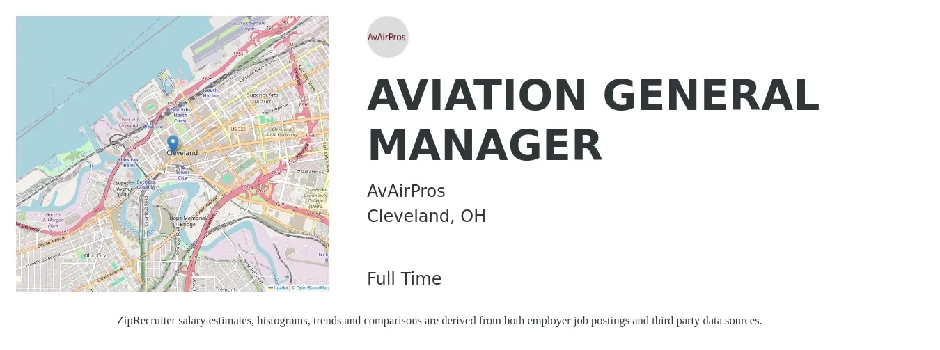 AvAirPros job posting for a AVIATION GENERAL MANAGER in Cleveland, OH with a salary of $48,000 to $71,800 Yearly with a map of Cleveland location.