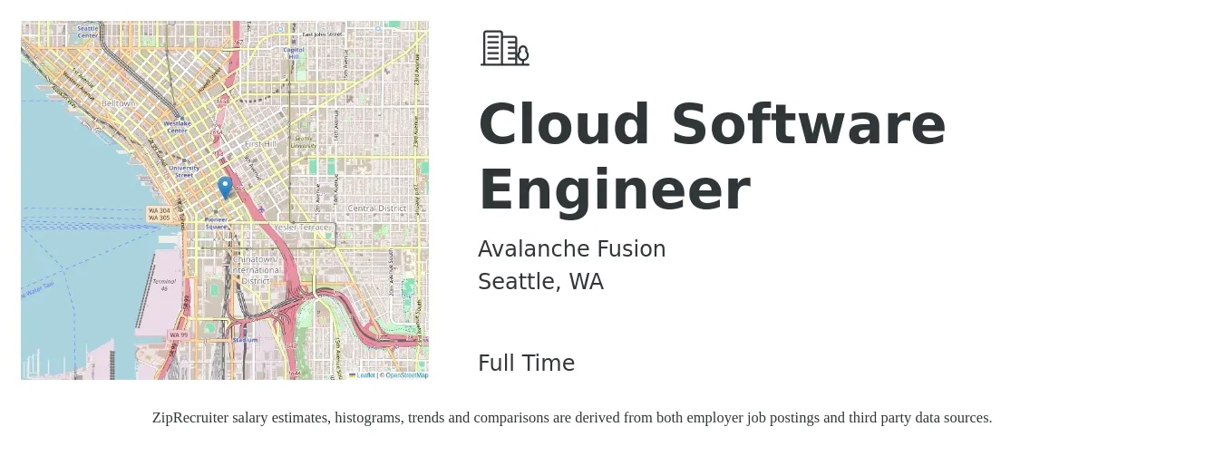 Avalanche Fusion job posting for a Cloud Software Engineer in Seattle, WA with a salary of $68 to $89 Hourly with a map of Seattle location.