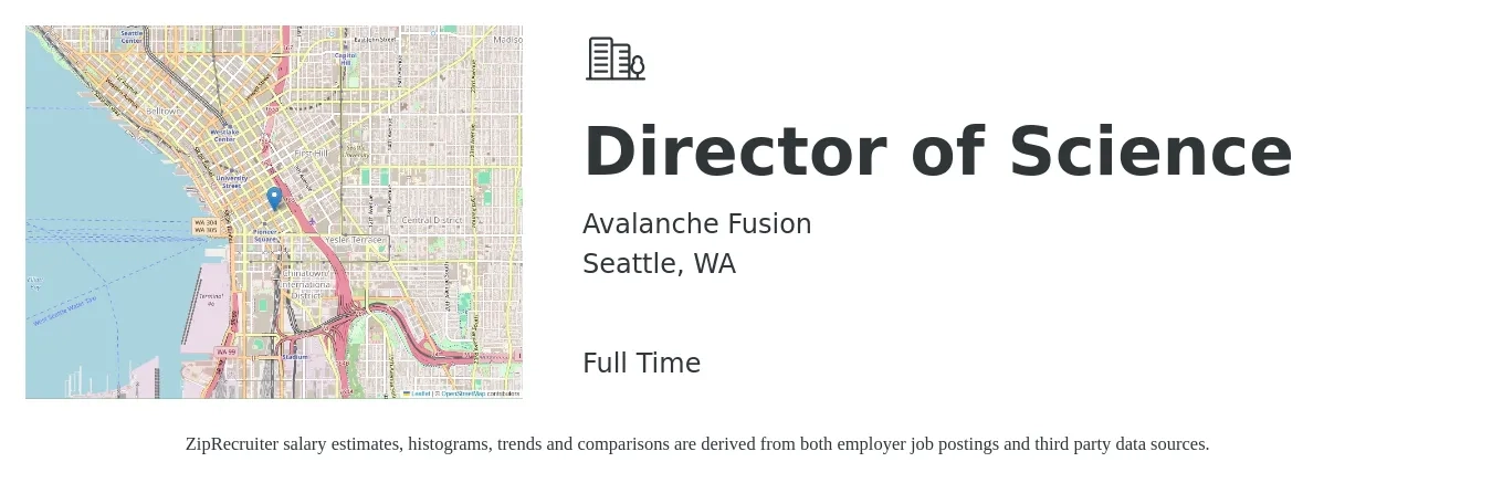 Avalanche Fusion job posting for a Director of Science in Seattle, WA with a salary of $111,500 to $142,300 Yearly with a map of Seattle location.