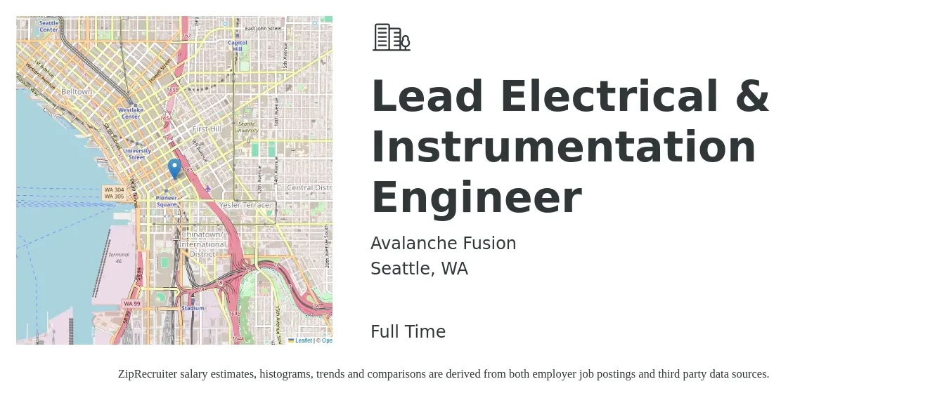 Avalanche Fusion job posting for a Lead Electrical & Instrumentation Engineer in Seattle, WA with a salary of $182,100 to $190,000 Yearly with a map of Seattle location.