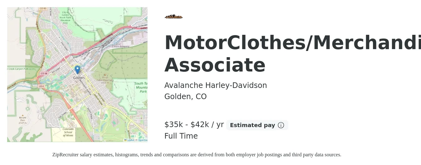 Avalanche Harley-Davidson job posting for a MotorClothes/Merchandise Associate in Golden, CO with a salary of $35,000 to $42,000 Yearly with a map of Golden location.