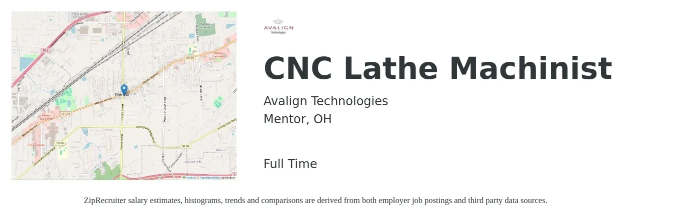 Avalign Technologies job posting for a CNC Lathe Machinist in Mentor, OH with a salary of $23 to $26 Hourly with a map of Mentor location.