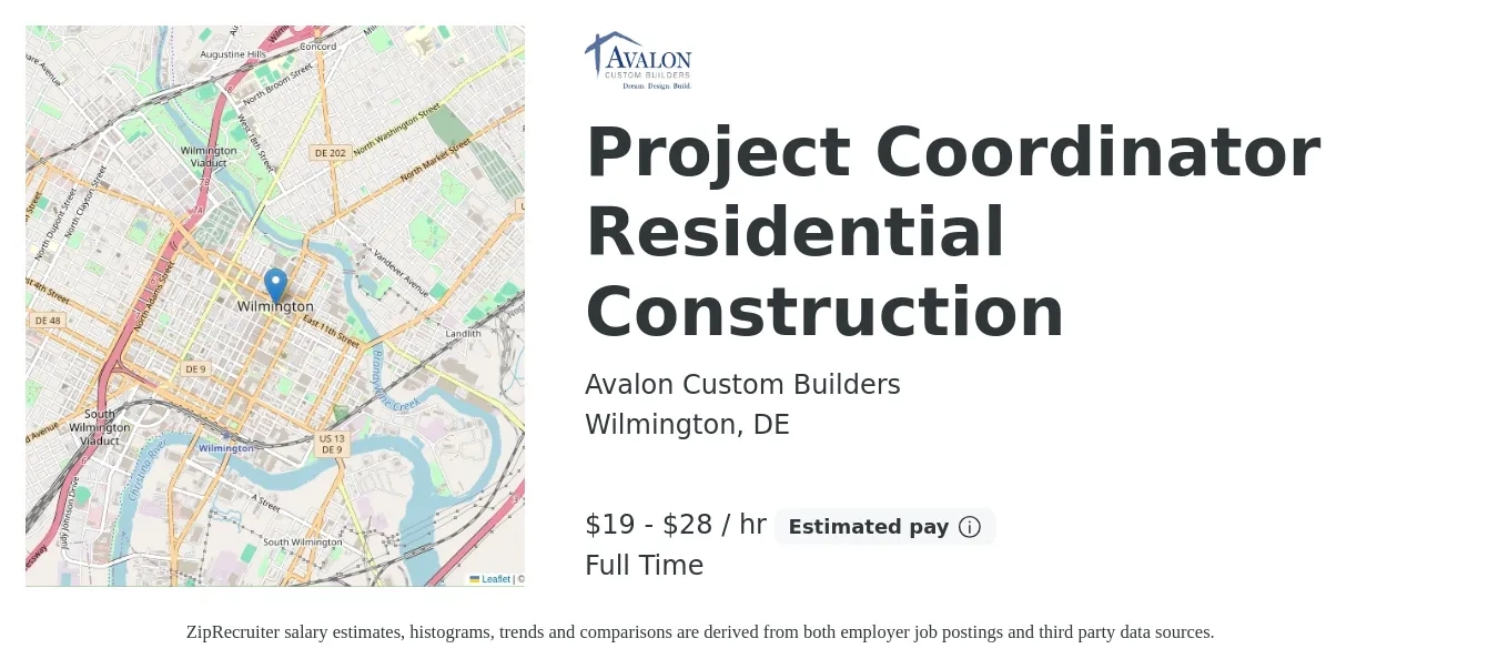Avalon Custom Builders job posting for a Project Coordinator Residential Construction in Wilmington, DE with a salary of $20 to $30 Hourly and benefits including pto, and retirement with a map of Wilmington location.