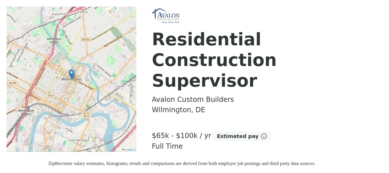 Avalon Custom Builders job posting for a Residential Construction Supervisor in Wilmington, DE with a salary of $65,000 to $100,000 Yearly and benefits including pto, and retirement with a map of Wilmington location.